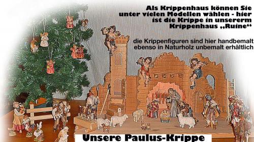 Paulus Krippe Ahornholz handbemalt in Krippenhaus-Ruine